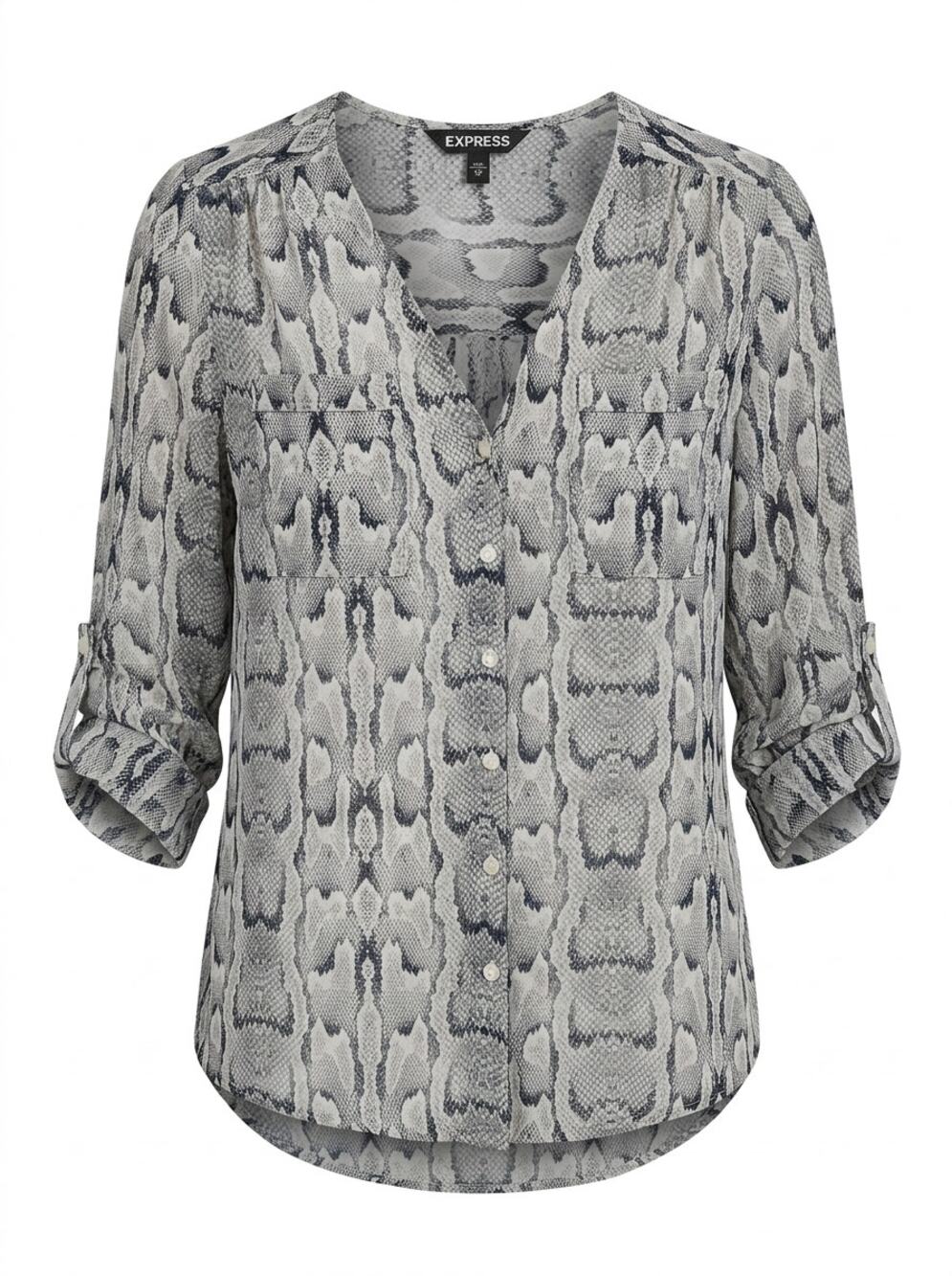 Express Gray Animal Print V-Neck Chiffon Lightweight Blouse Women Size XS